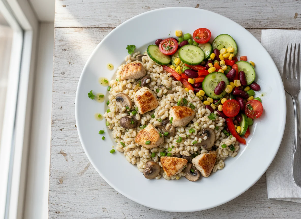 Gerstenrisotto mit Hähnchen und Gemüsesalat photo