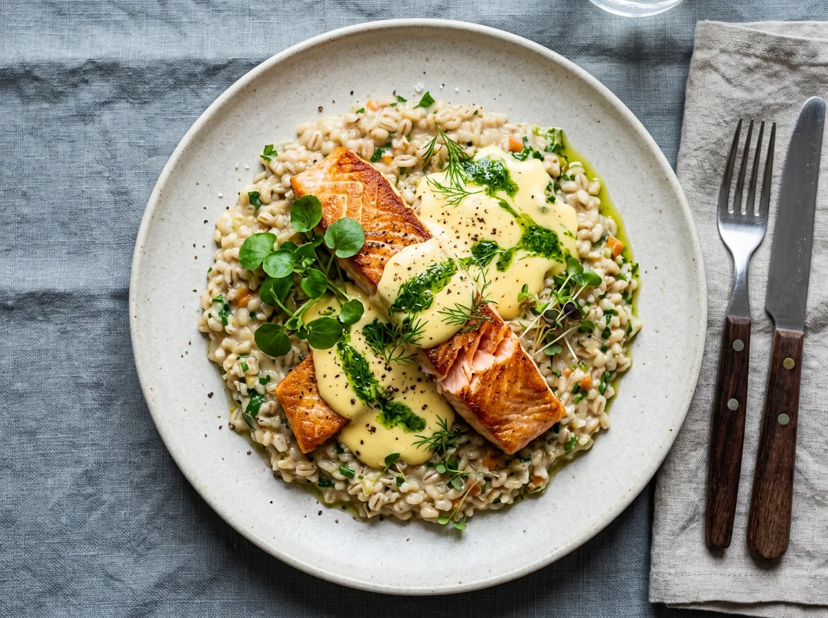 Gerstenrisotto mit Lachs und Sauce Hollandaise photo