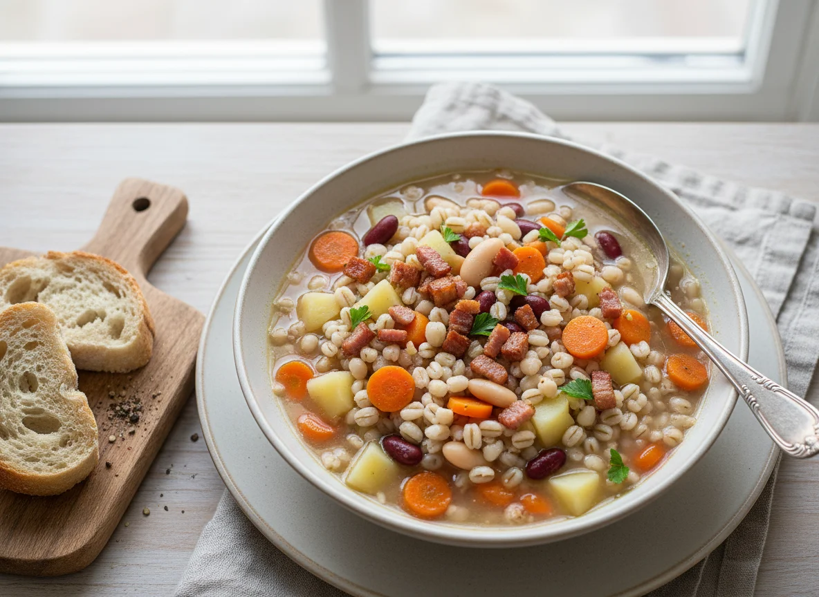 Gerstensuppe mit Bohnen und Speck photo