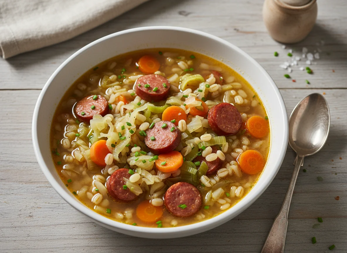 Gerstensuppe mit Wurst und Gemüse photo