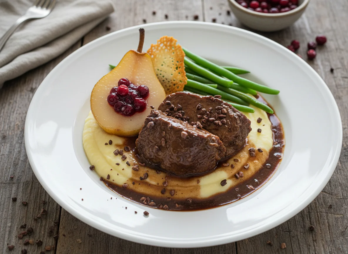 Geschmortes Fleisch mit Birne und Preiselbeeren photo