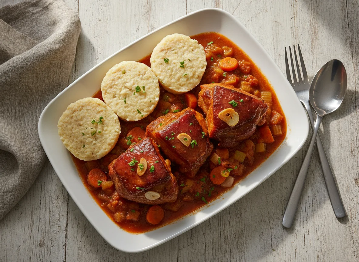 Geschmortes Fleisch mit Knödeln und Gemüse photo