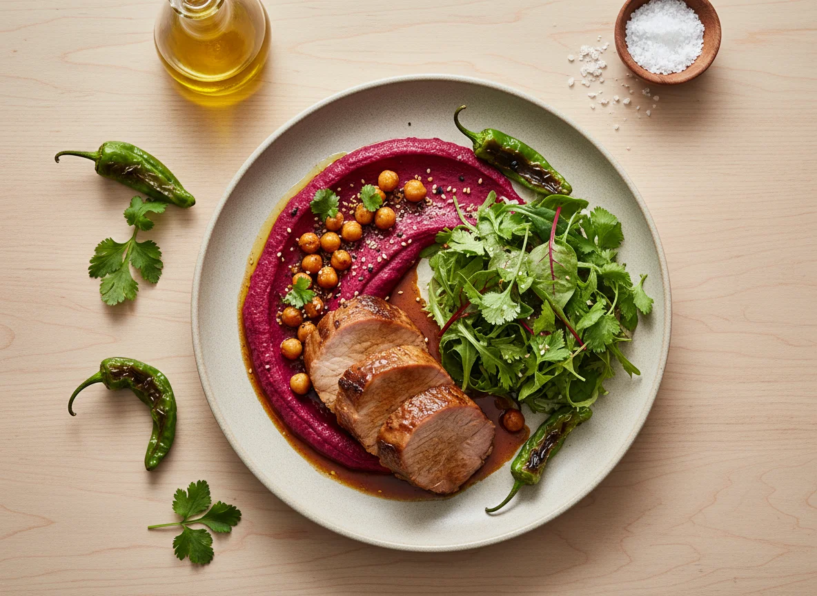 Geschmortes Fleisch mit Rote-Bete-Hummus und Salat photo