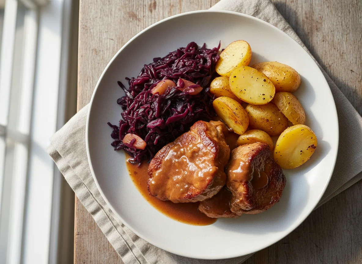 Geschmortes Fleisch mit Rotkohl und Kartoffeln photo
