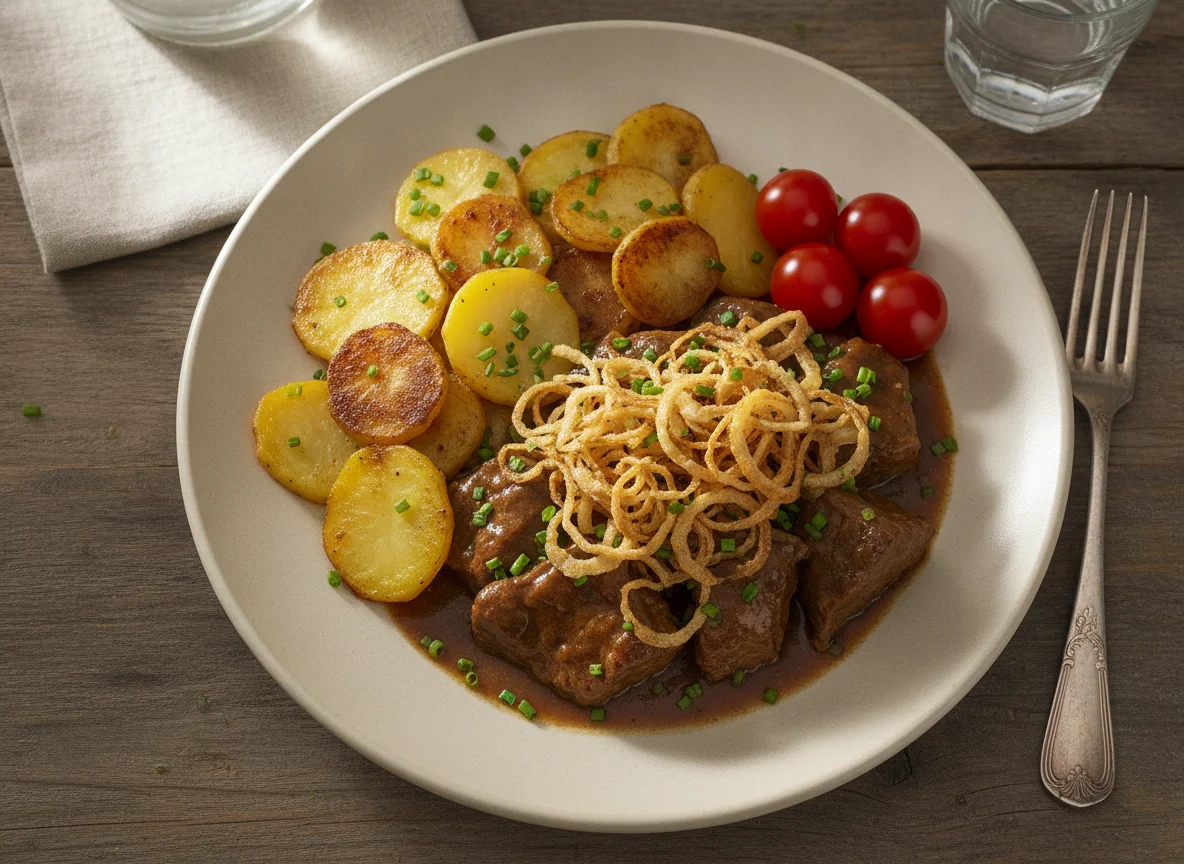 Geschmortes Rindfleisch mit Bratkartoffeln und Röstzwiebeln photo