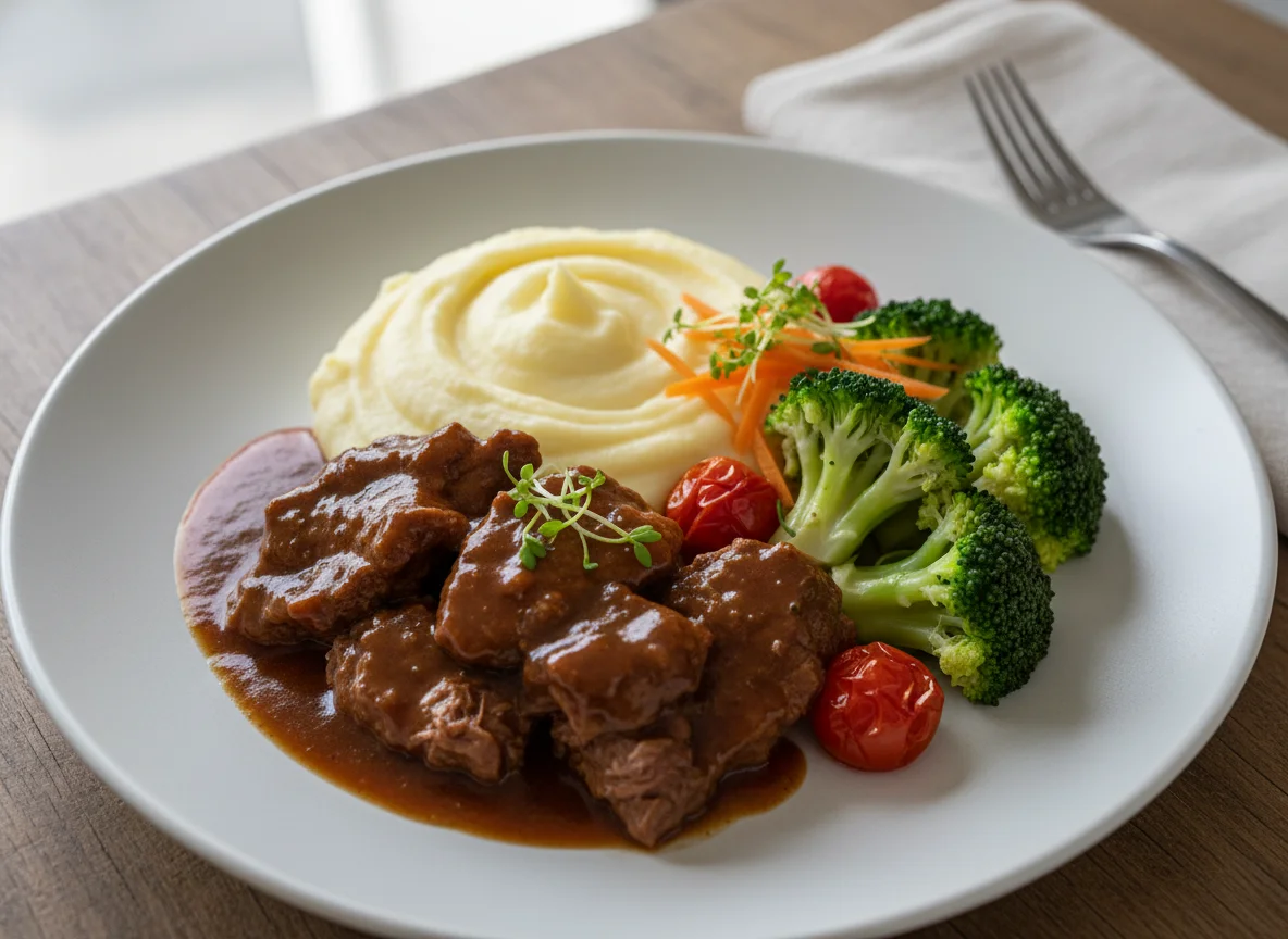 Geschmortes Rindfleisch mit Kartoffelpüree und Brokkoli photo