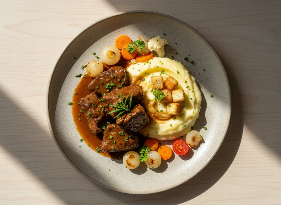 Geschmortes Rindfleisch mit Kartoffelpüree und Gemüse photo