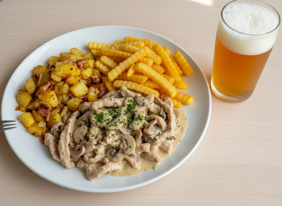 Geschnetzeltes mit Bratkartoffeln und Pommes Frites photo