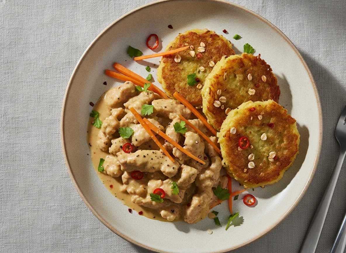 Geschnetzeltes mit Kartoffelpuffer und Reibekuchen (Halbe Portion) photo