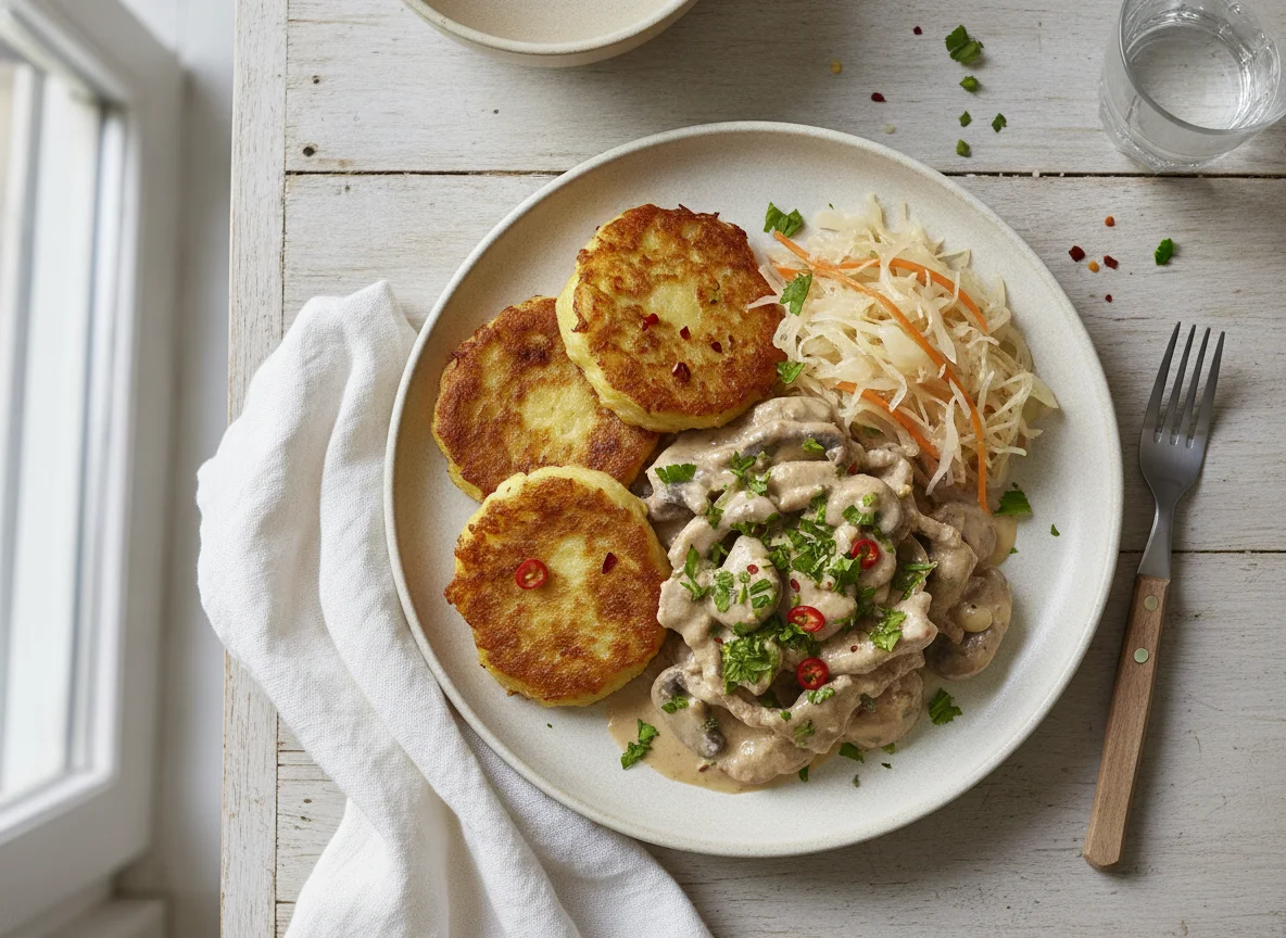 Geschnetzeltes mit Kartoffelpuffer und Sauerkraut photo