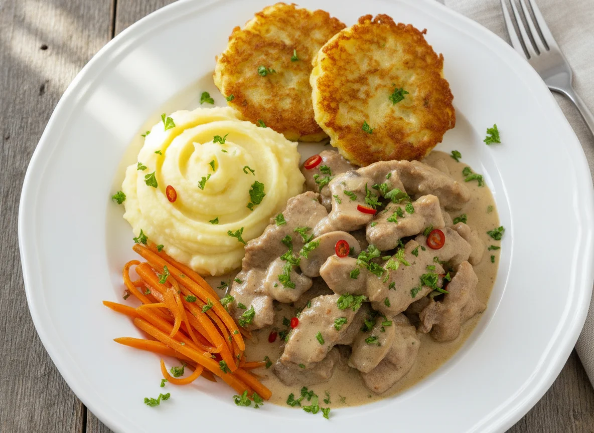 Geschnetzeltes mit Kartoffelpüree und Beilage photo