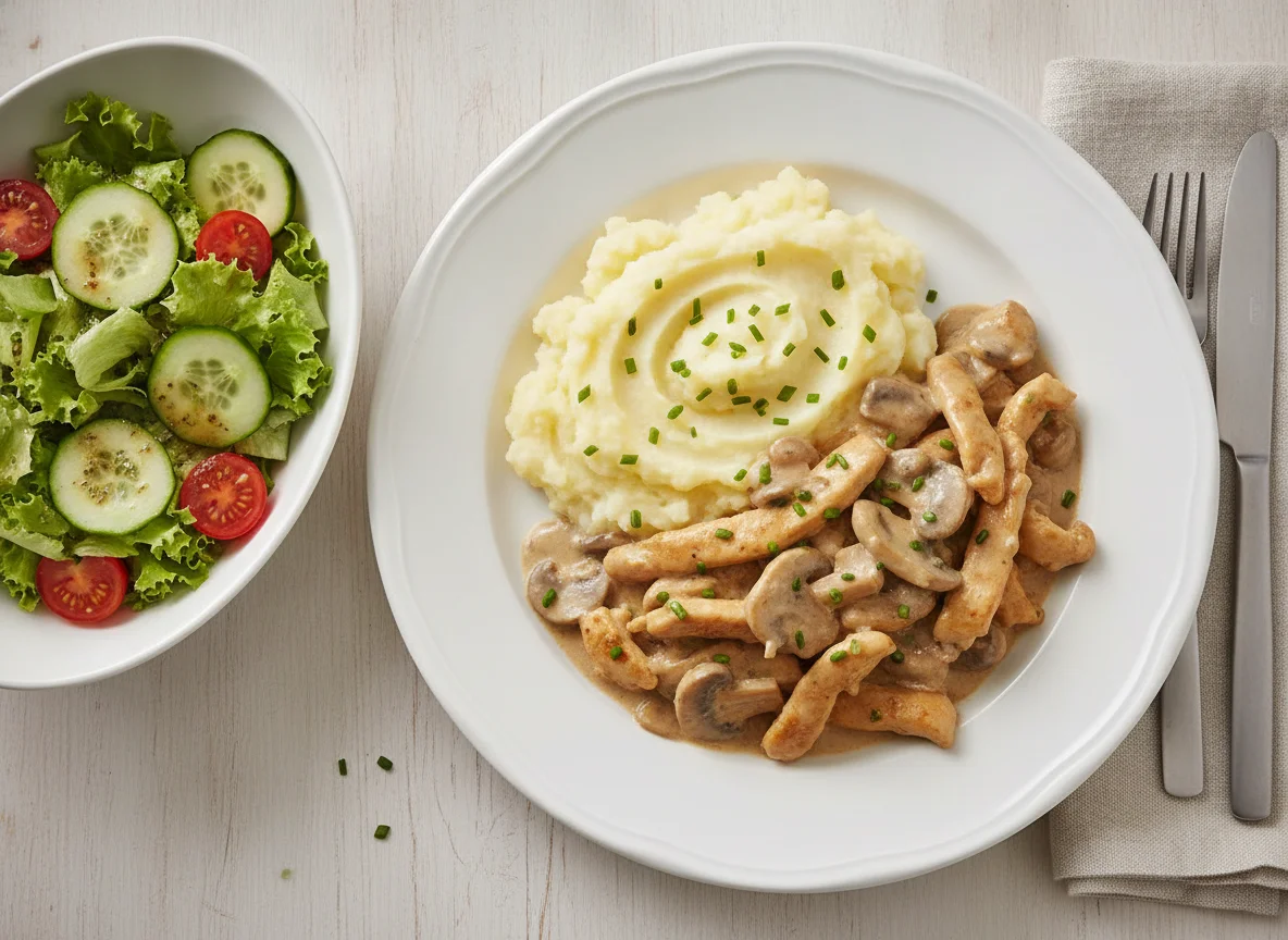 Geschnetzeltes mit Kartoffelpüree und Beilagensalat photo