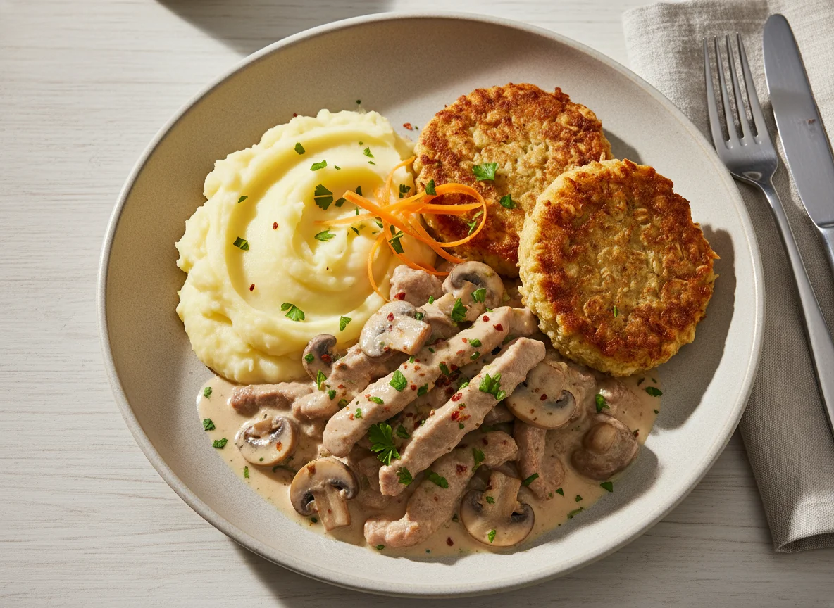 Geschnetzeltes mit Kartoffelpüree und Haferflocken-Puffer photo