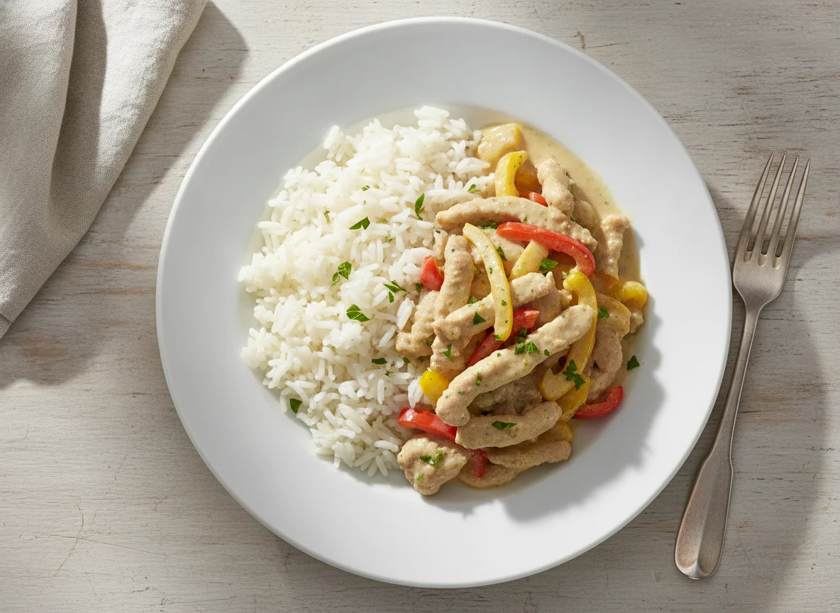 Geschnetzeltes mit Paprika und Reis photo