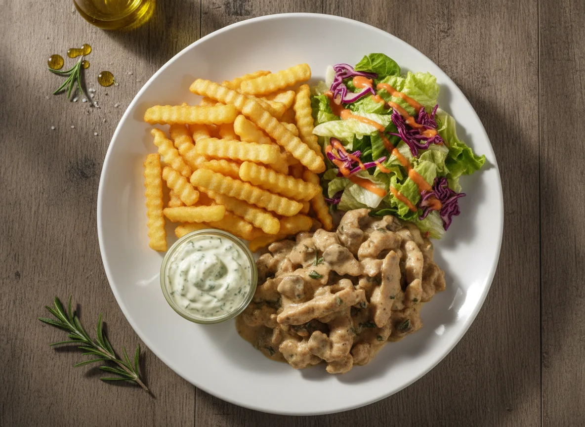 Geschnetzeltes mit Pommes frites, Kräutersauce und Beilagensalat photo