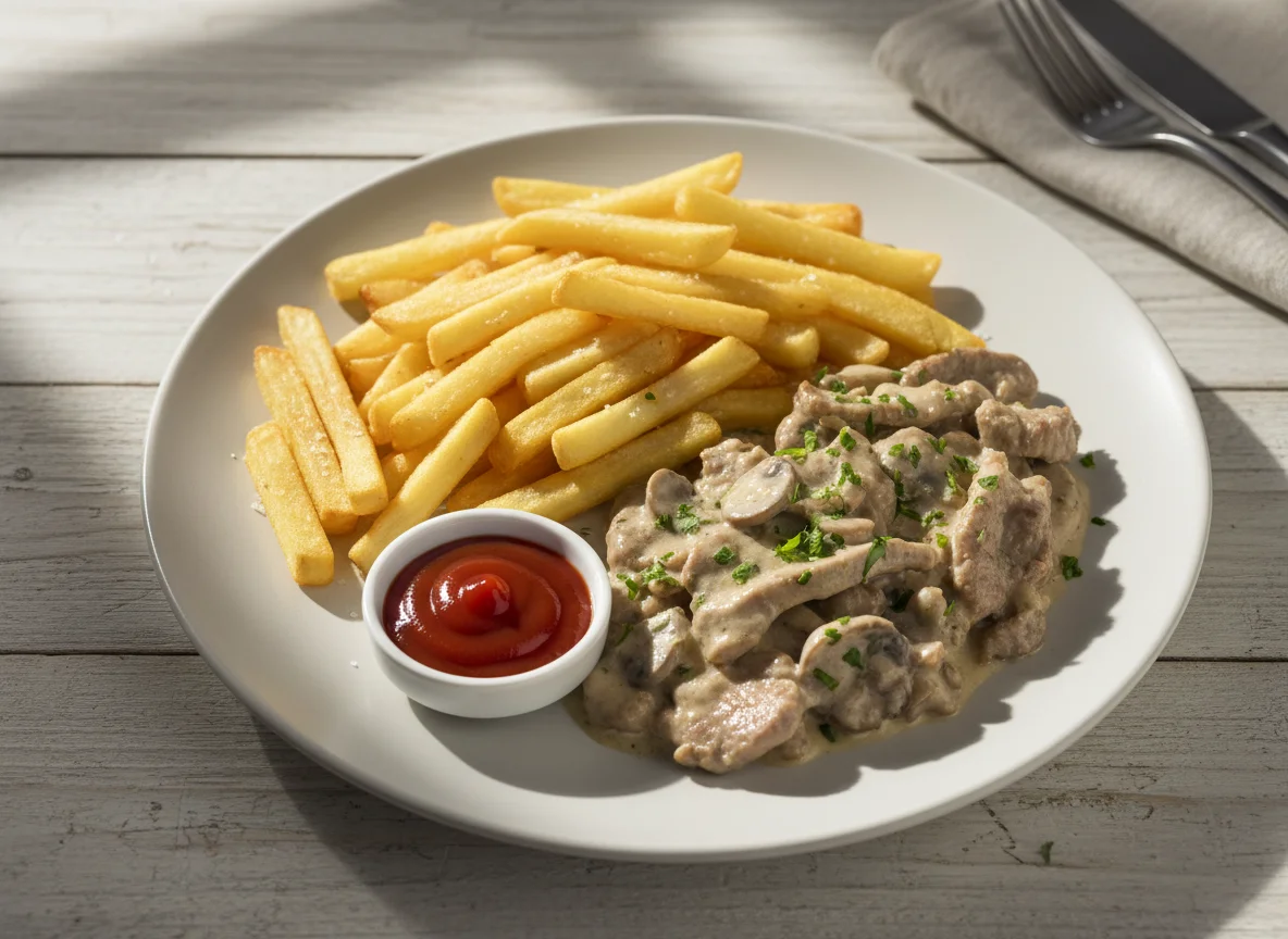 Geschnetzeltes mit Pommes und Ketchup photo