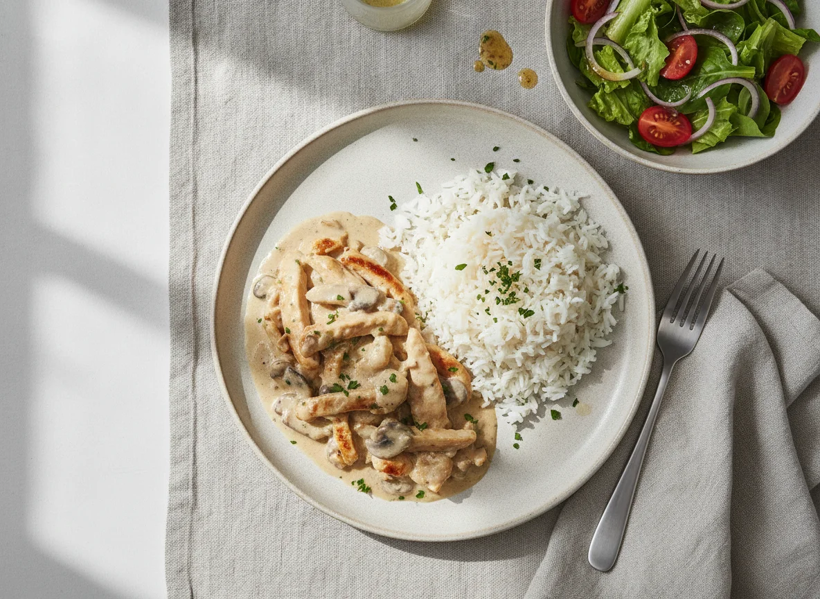 Geschnetzeltes mit Reis und Beilagensalat photo