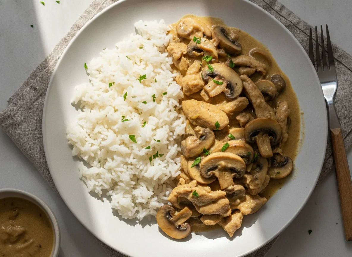 Geschnetzeltes mit Reis und Champignons photo