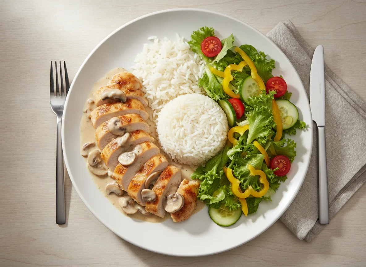 Geschnetzeltes mit Reis und gemischtem Salat photo