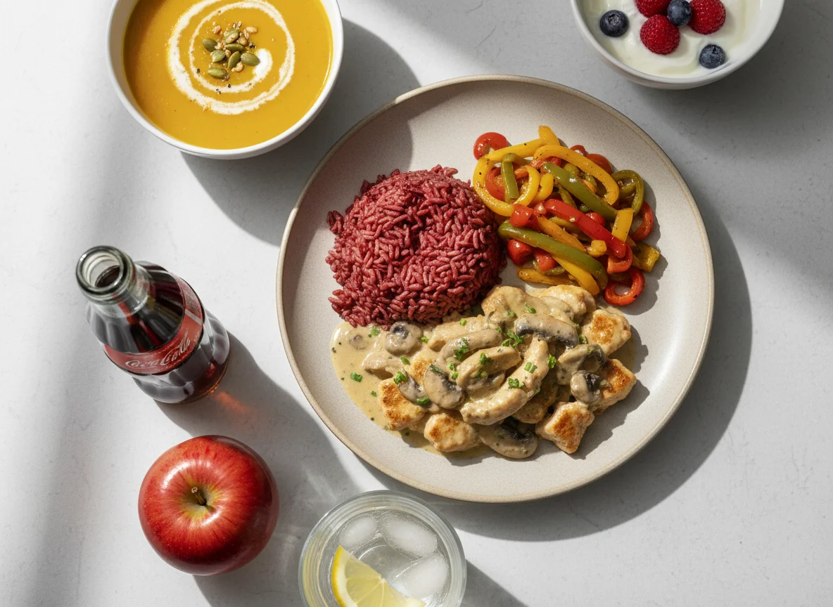 Geschnetzeltes mit Reis und Paprikagemüse, dazu Suppe, Joghurt, Apfel und Getränke photo