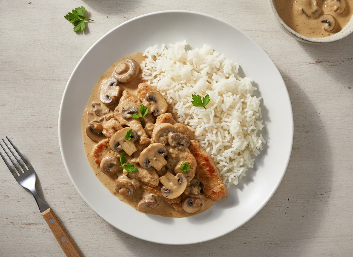 Geschnetzeltes mit Reis und Pilzrahmsauce photo