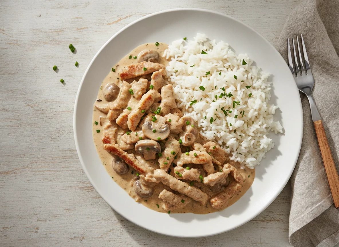 Geschnetzeltes mit Reis und Sahnesauce photo