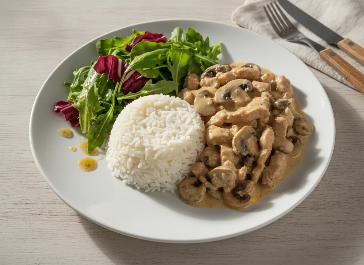 Geschnetzeltes mit Reis und Salat photo