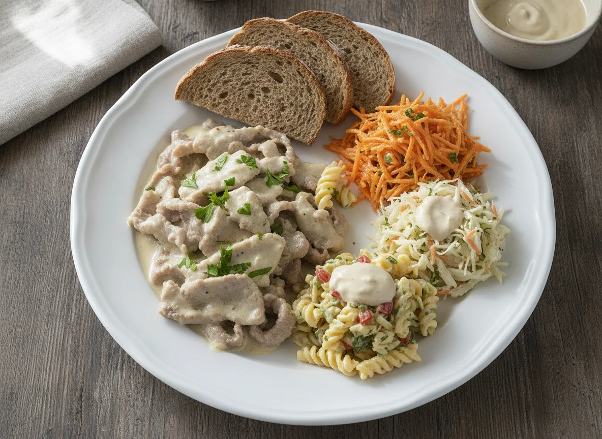 Geschnetzeltes mit Salat und Brot photo