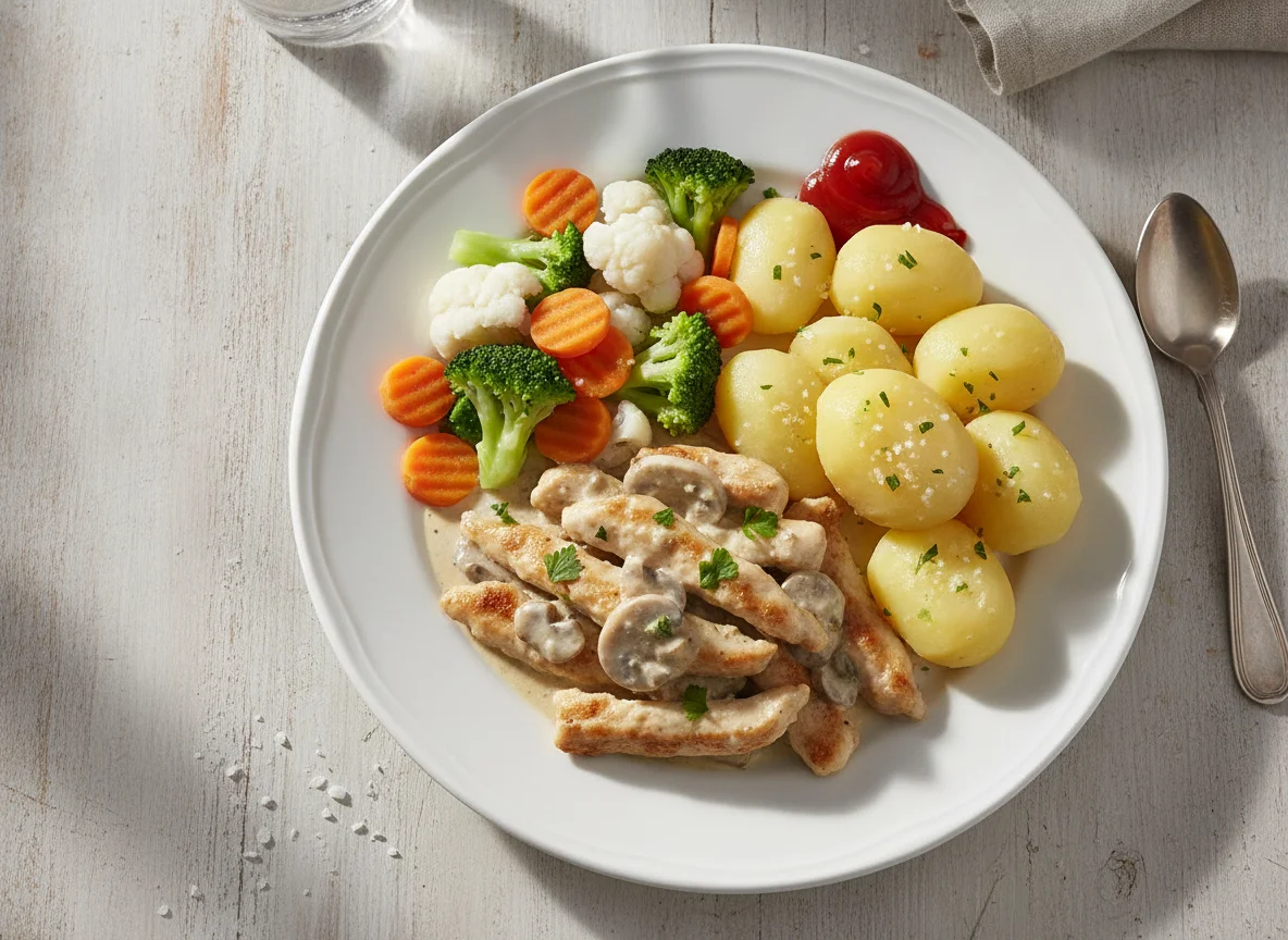 Geschnetzeltes mit Salzkartoffeln und Mischgemüse photo