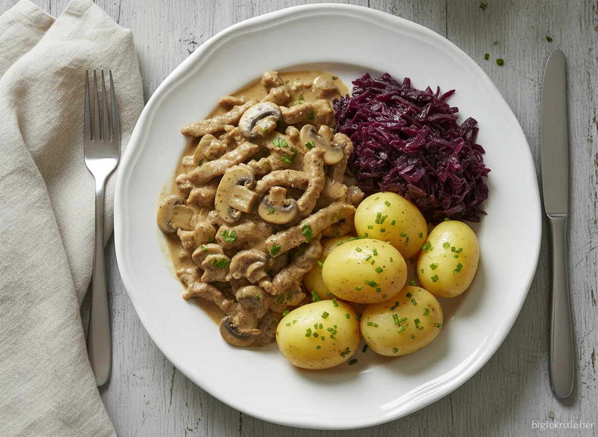 Geschnetzeltes mit Salzkartoffeln und Rotkohl photo