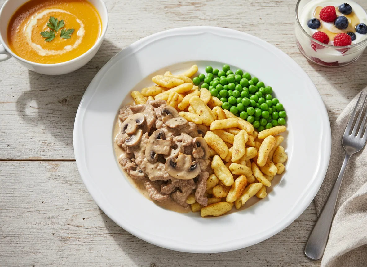 Geschnetzeltes mit Spätzle, Erbsen, Suppe und Dessert photo