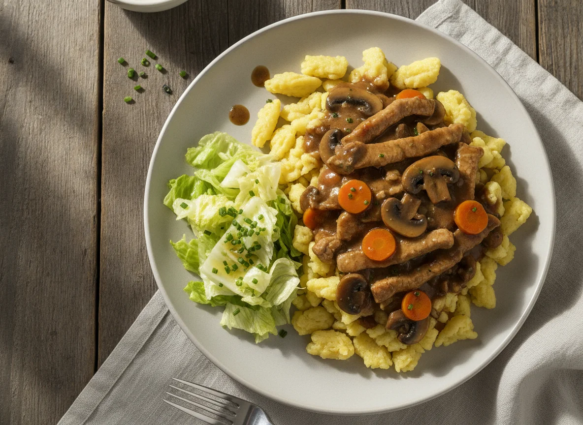 Geschnetzeltes mit Spätzle und Beilagensalat photo