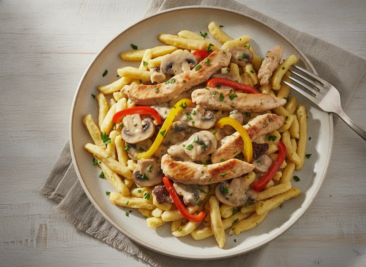 Geschnetzeltes mit Spätzle und Pilzen photo