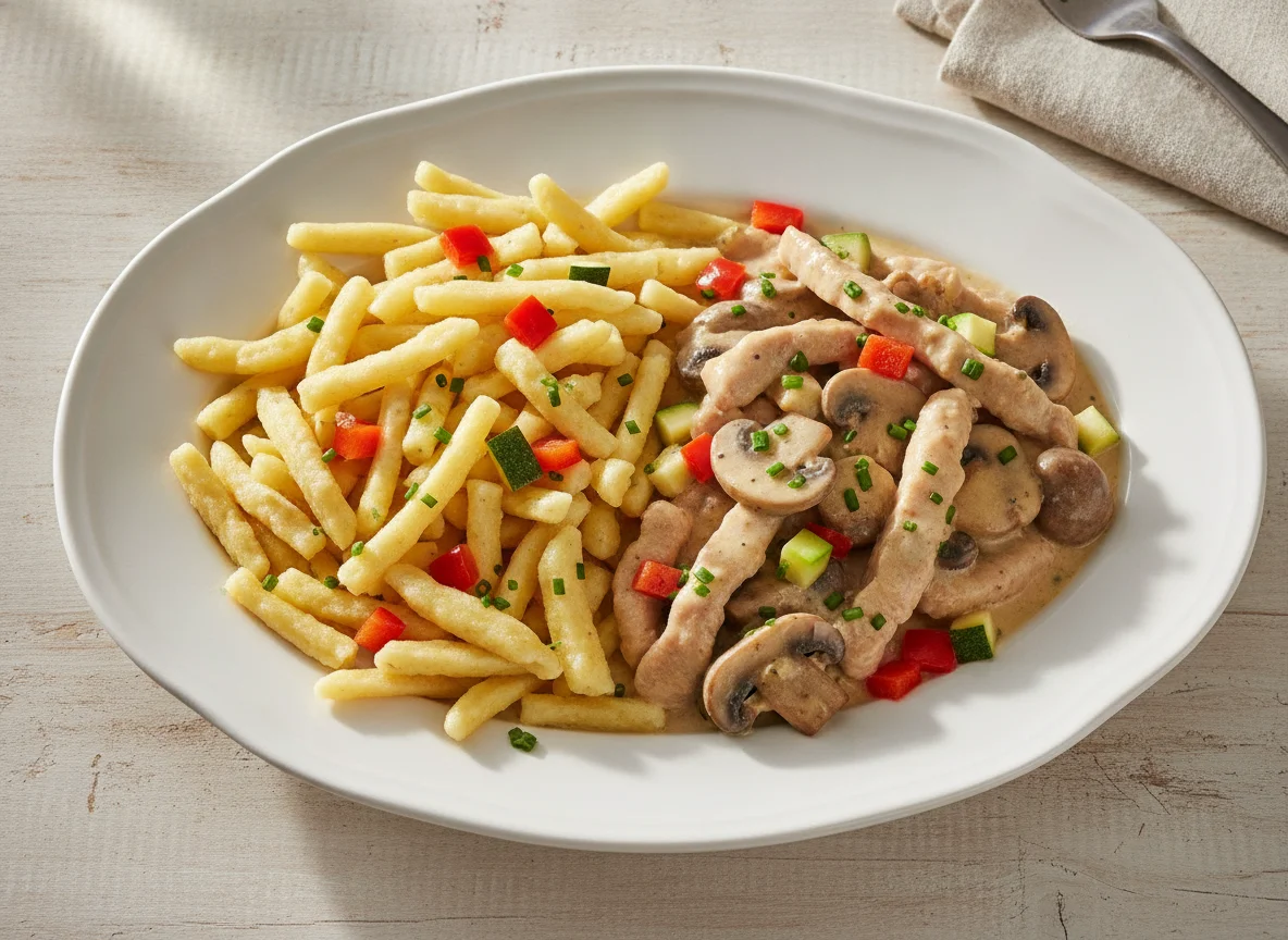 Geschnetzeltes mit Spätzle und Rahmsauce photo