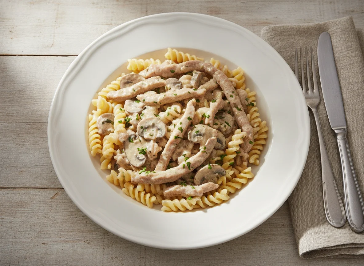 Geschnetzeltes mit Spirelli-Nudeln photo