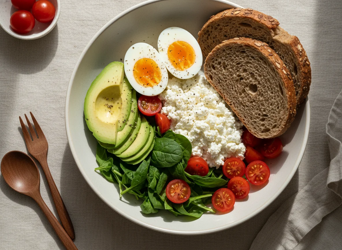 Gesunde Bowl mit Avocado, Eiern und Vollkornbrot photo