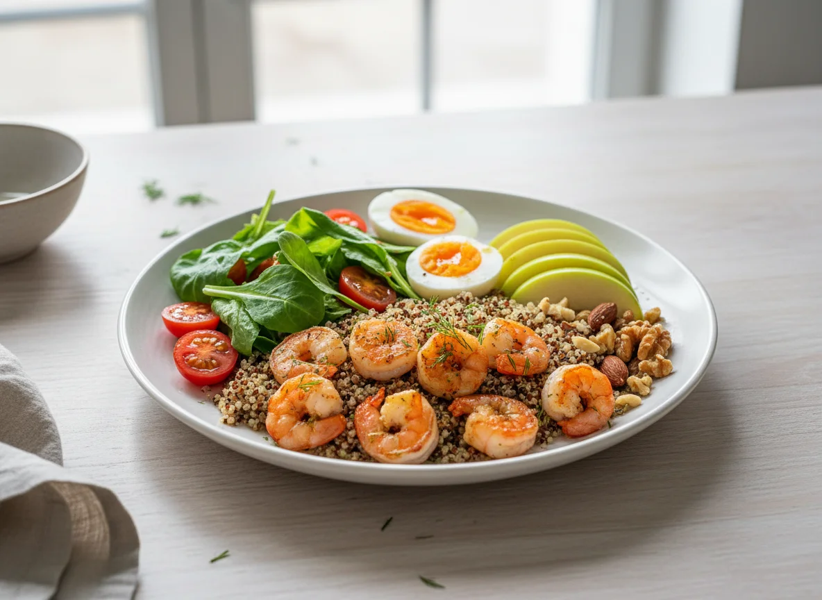 Gesunde Mahlzeit mit Garnelen, Quinoa, Salat und Nüssen photo