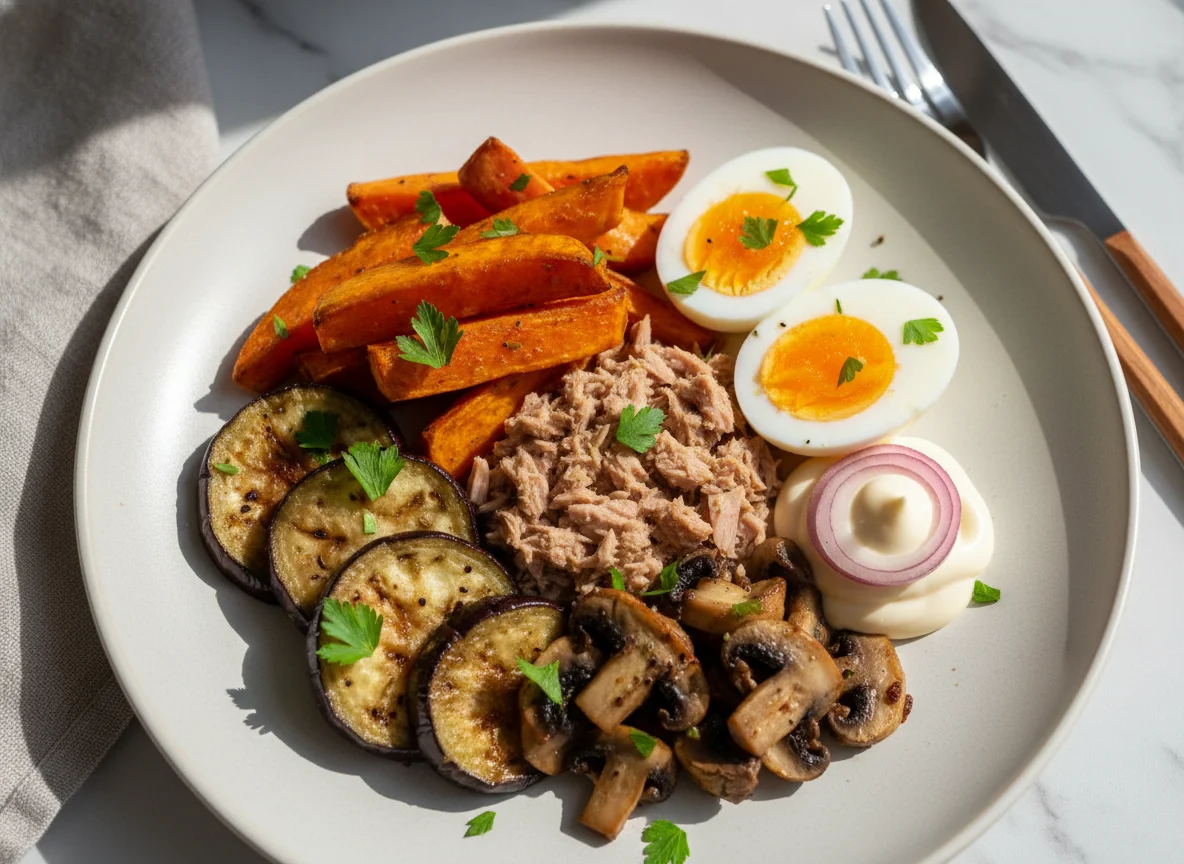 Gesunde Mahlzeit mit Thunfisch und Gemüse photo