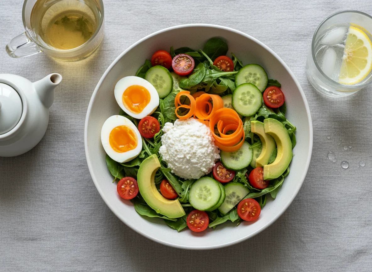 Gesunder Salat mit Eiern und Tee photo