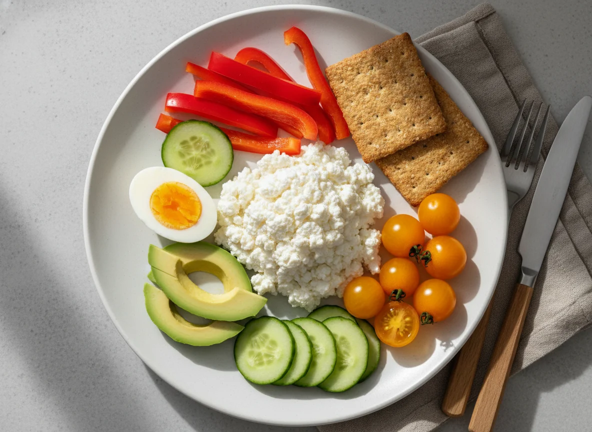 Gesunder Teller mit Hüttenkäse und Gemüse photo