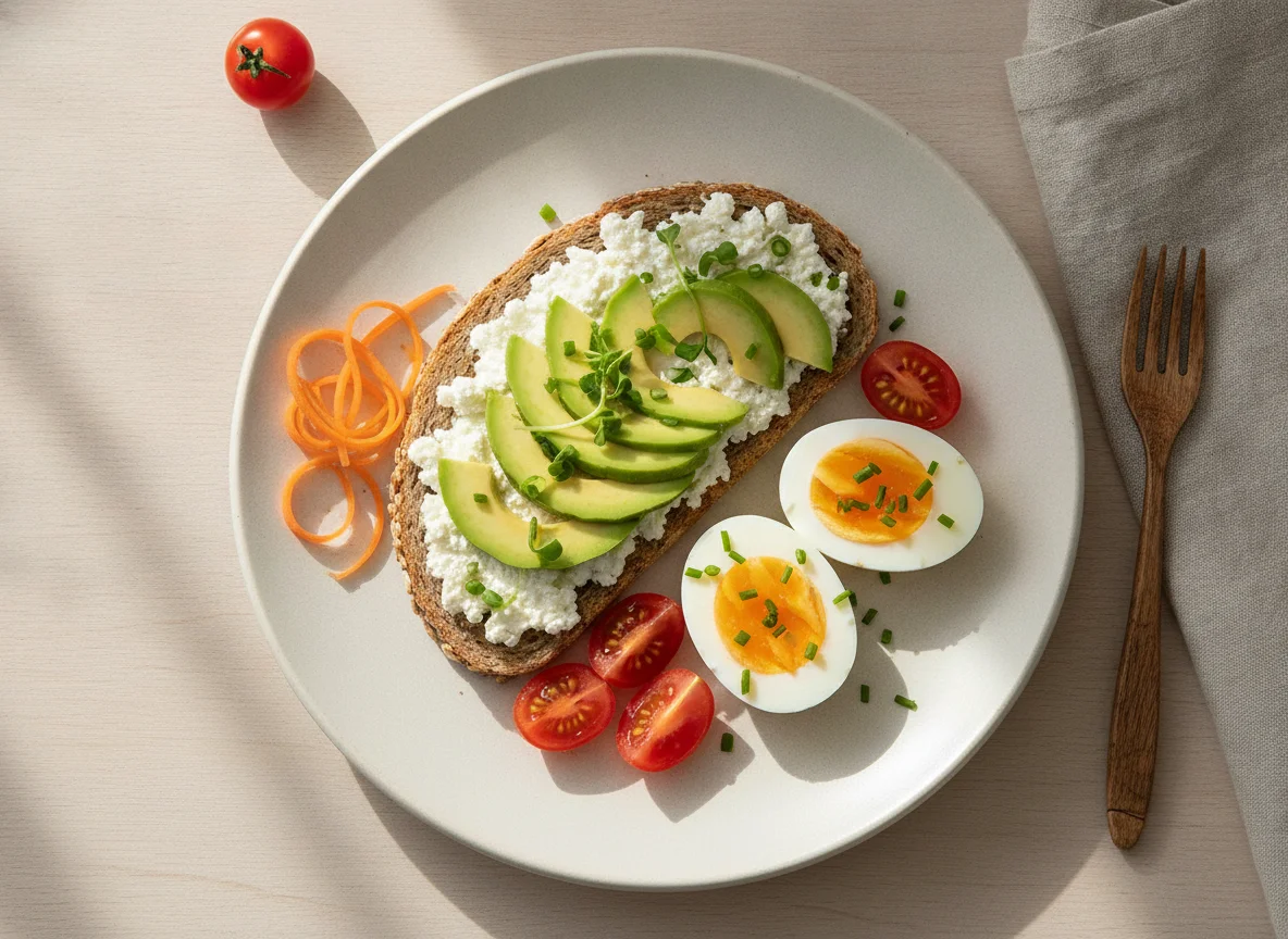 Gesundes Frühstück mit Avocado Toast und Eiern photo