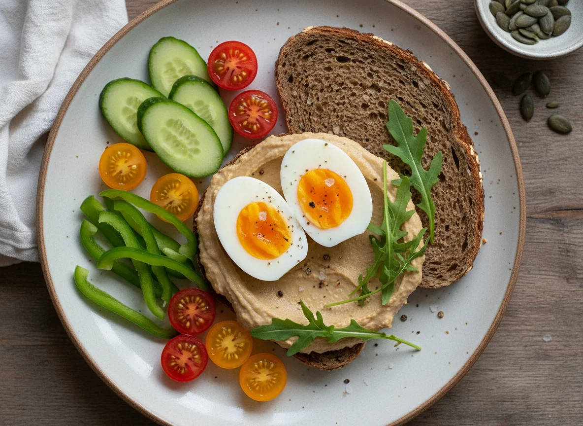 Gesundes Frühstück mit Brot, Ei und Gemüse photo