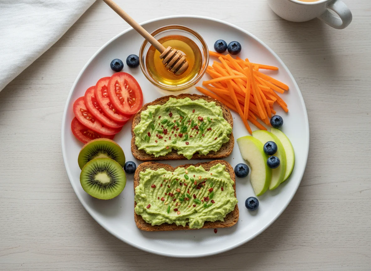 Gesundes Frühstück mit Brot, Obst und Gemüse photo