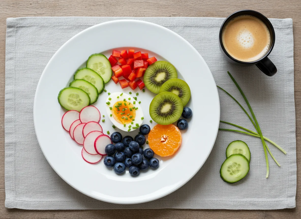 Gesundes Frühstück mit Ei, Gemüse und Obst photo