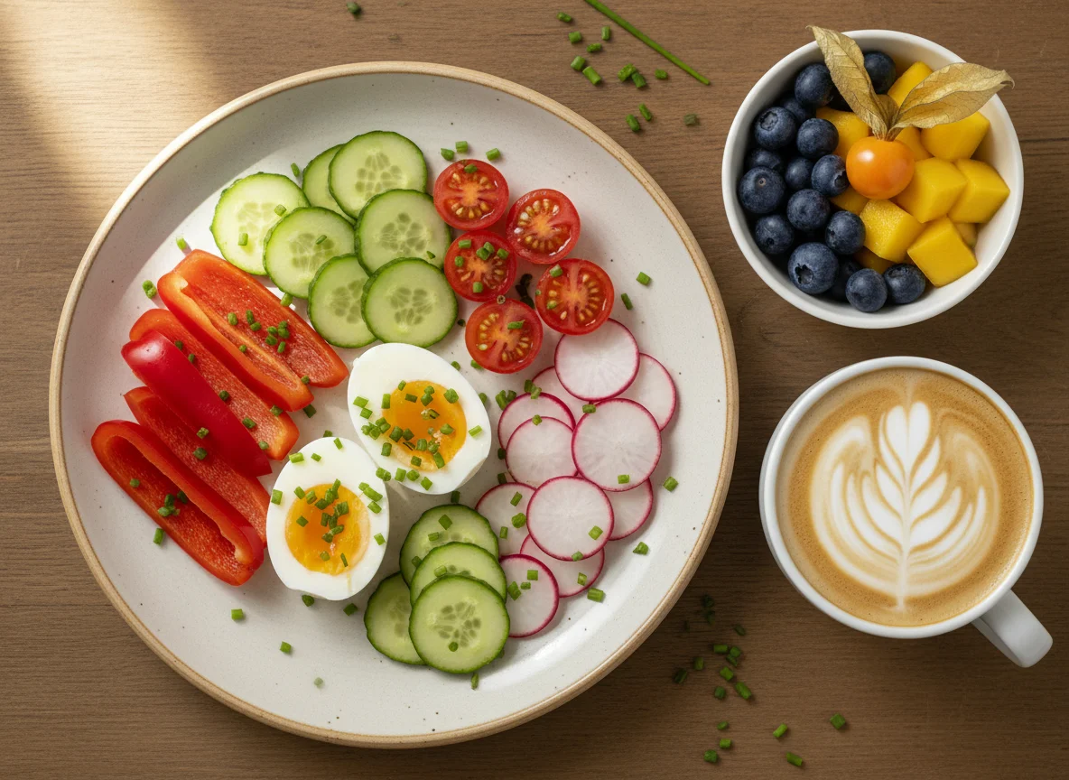 Gesundes Frühstück mit Ei und Gemüse photo