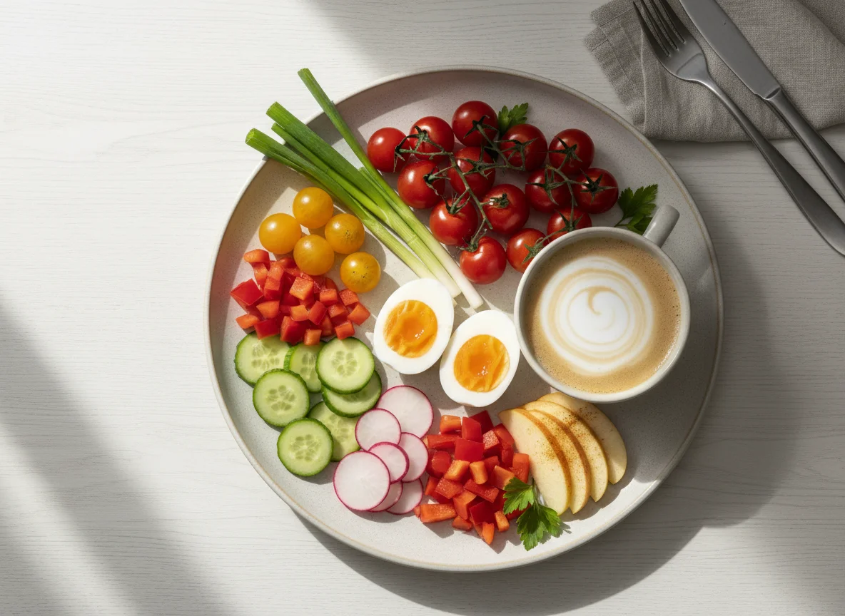 Gesundes Frühstück mit Gemüse, Obst und Ei photo