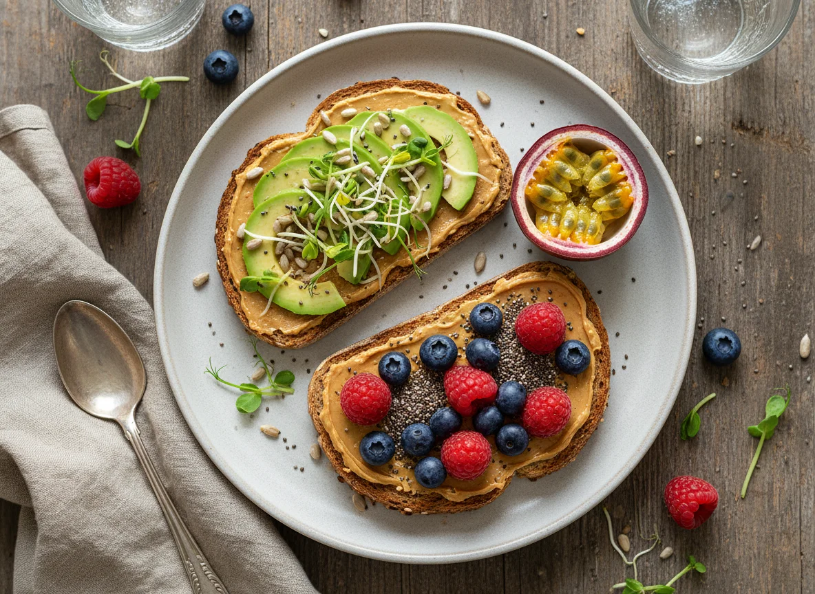Gesundes Frühstück mit Toast und Früchten photo