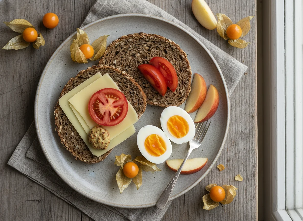 Gesundes Mittagessen mit Körnerbrot, Ei und Obst photo
