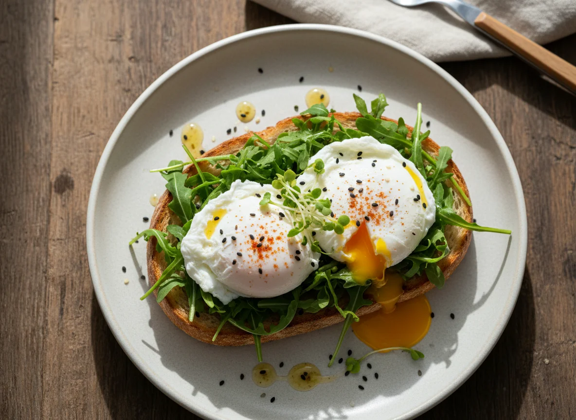 Getoastetes Brot mit pochiertem Ei und Rucola photo