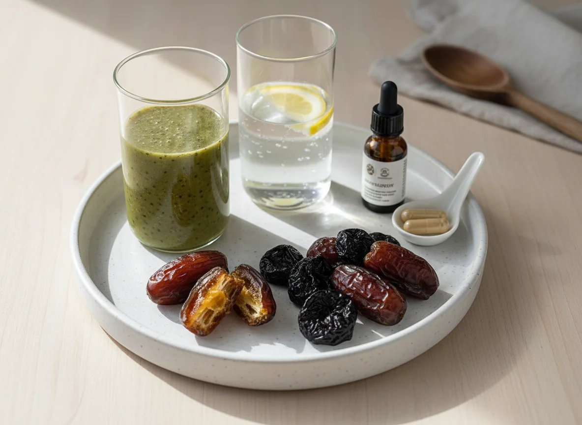 Getränke und Datteln mit Nahrungsergänzungsmitteln photo